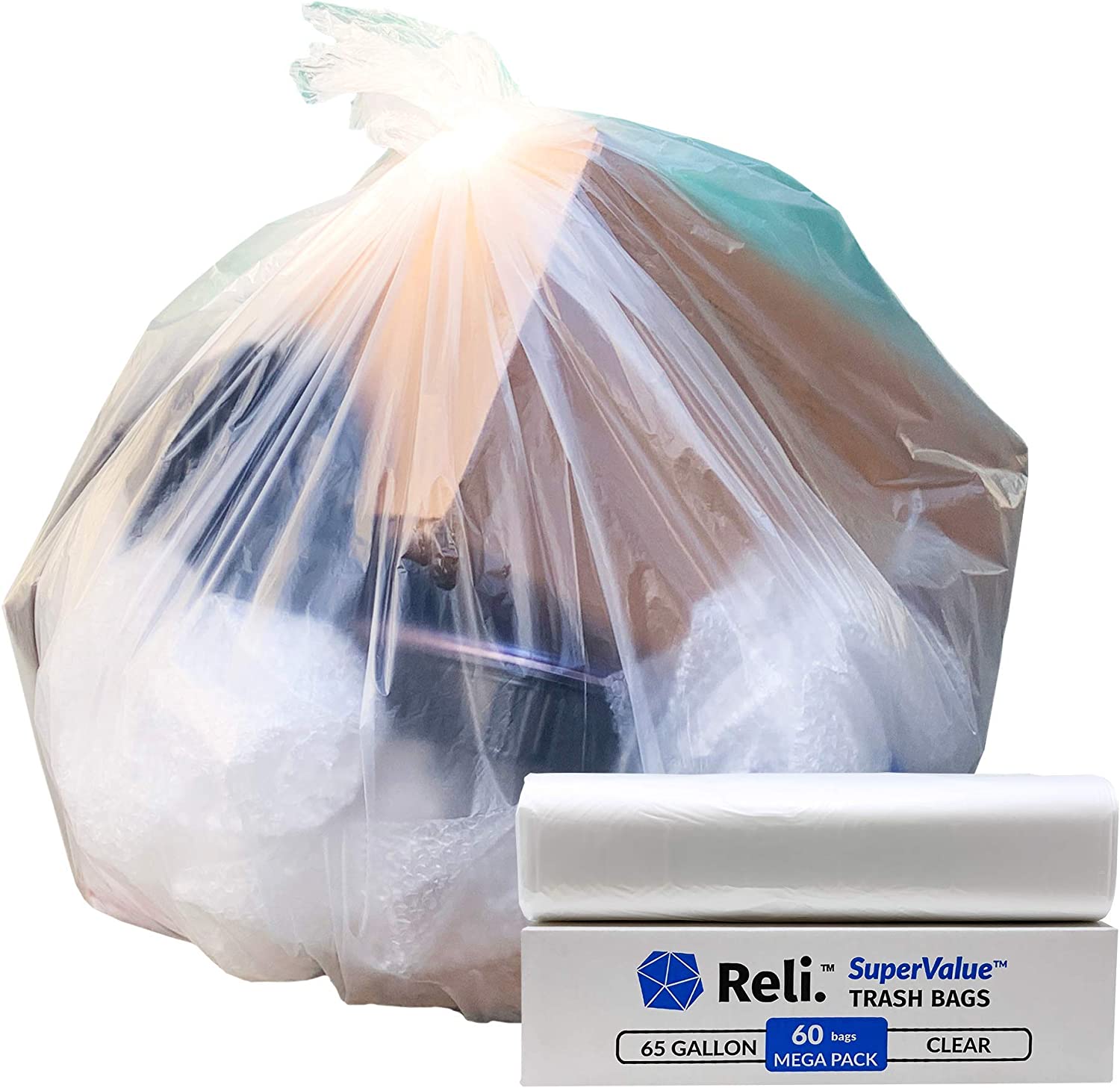 Reli. SuperValue 95 Gallon Trash Bags (68 Count, Bulk) Clear 95 Gallon  Garbage