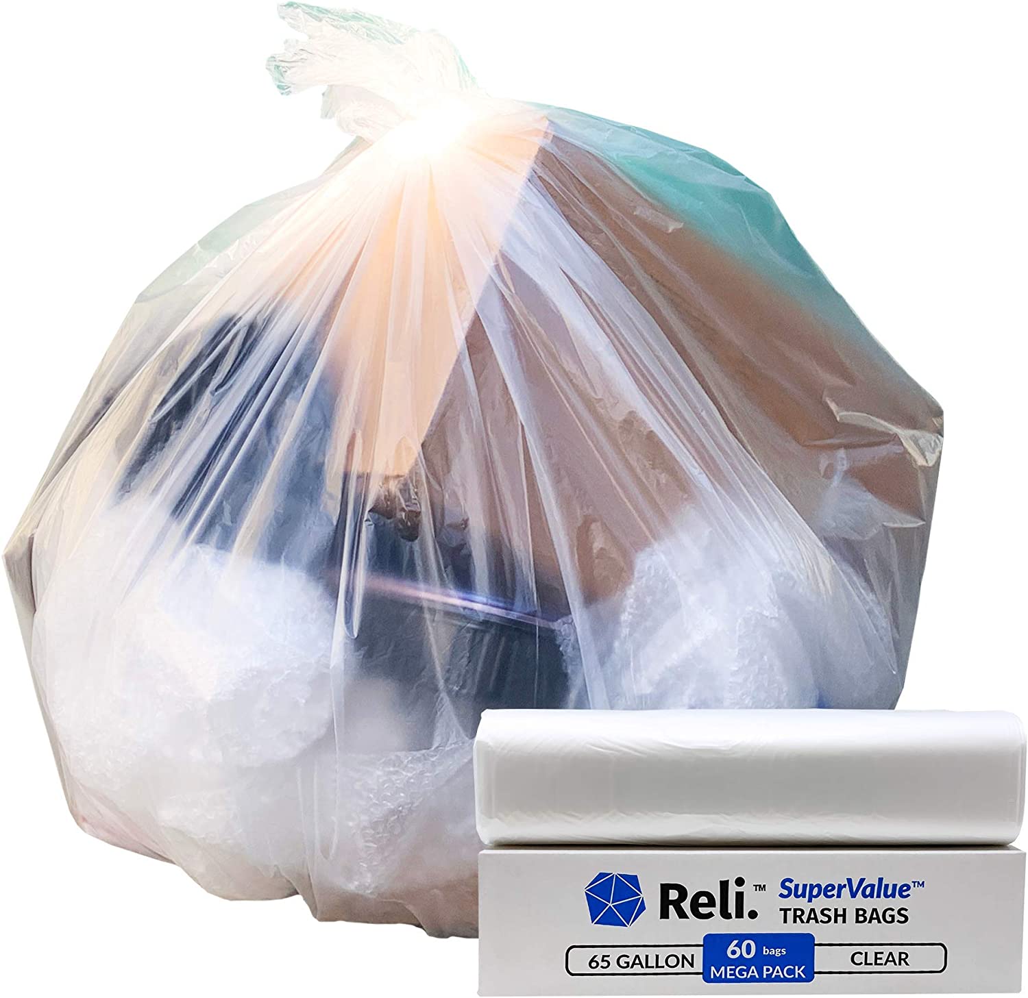 Reli. SuperValue Trash Bags (150 Count Bulk), Made in USA - Clear Heavy  Duty 55 Gallon - 60 Gallon Garbage Bag