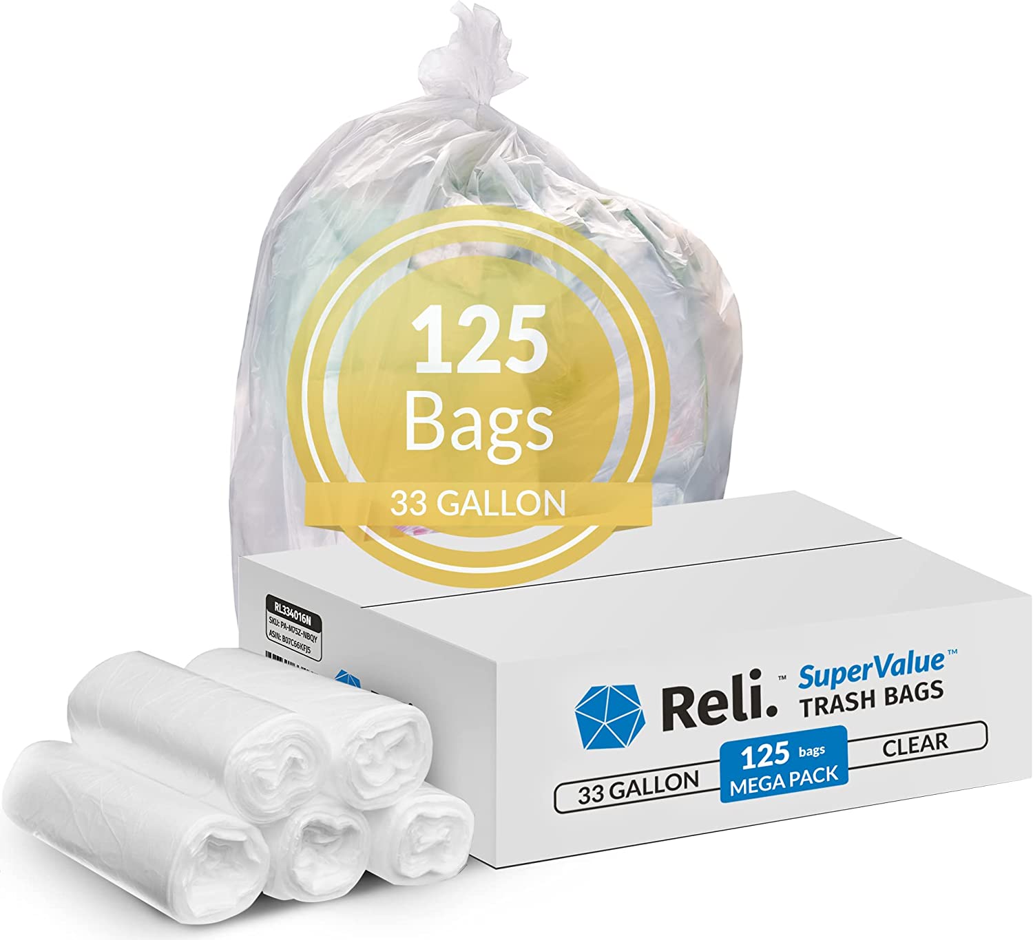 Reli. SuperValue 95 Gallon Trash Bags (68 Count, Bulk) Clear 95