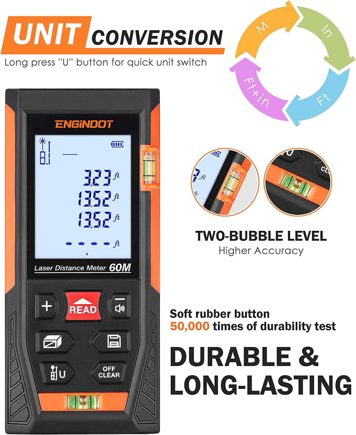 Laser Measure, Laser Measurement Tool, Digital Laser Distance Meter with  Real-Time Angle, M/in/Ft Unit Switching Backlit LCD and Pythagorean Mode